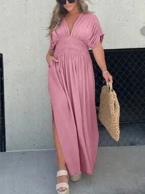 Boho V-Neck Pink Maxi Dress with Smocked Waist- Full & Plus Sizes